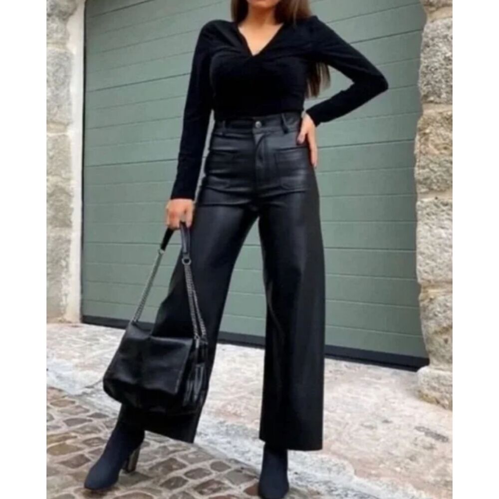 Zara Black High-Rise Faux Leather Cropped Wide-Leg Pants